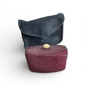 Katherine Baumann Swarovski Crystal Mini Clutch Burgundy Gold Chain Suede Pouch